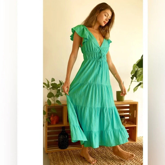 Greylin Riley Textured Cotton Tiered Maxi Dress Gumdrop Green  Size XS - Picture 1 of 10